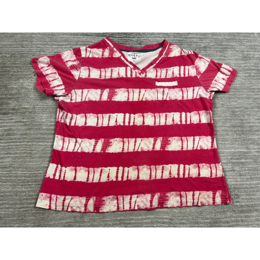 Riders by Lee T-Shirt Women XL Pink Tie Dye Stripe V-Neck Lace Trim Pocket Tee